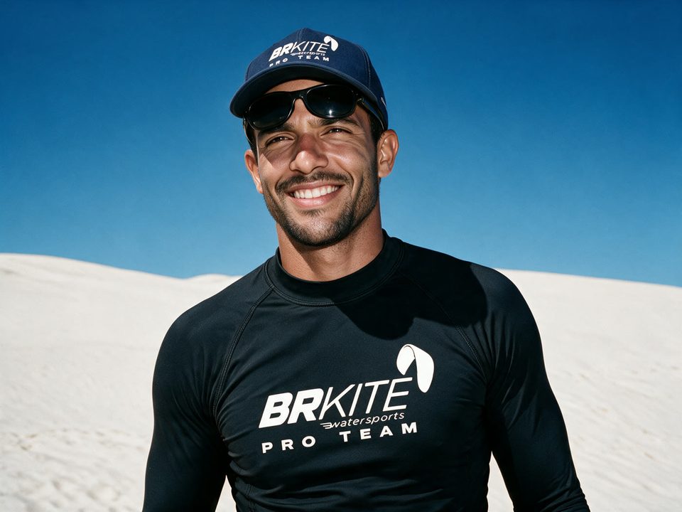 Atleta com a lycra da equipe na duna